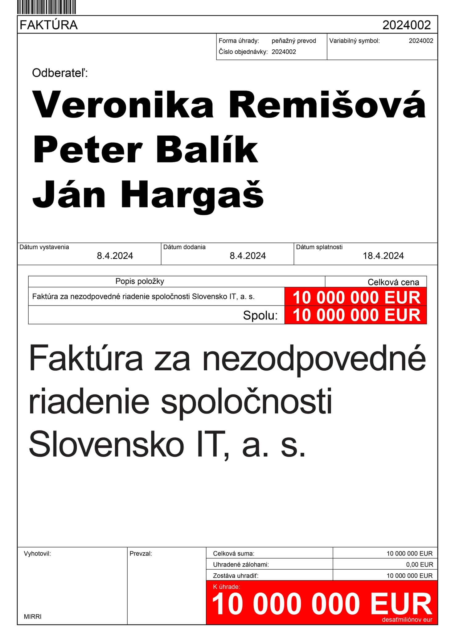 Slovensko IT - Ďalšia faktúra pre Veroniku Remišovú