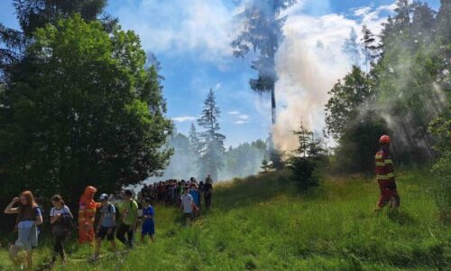 Simulovaný lesný požiar preveril talianskych Alpínov i slovenských hasičov, súčasťou bola aj evakuácia školy v prírode (video+foto)
