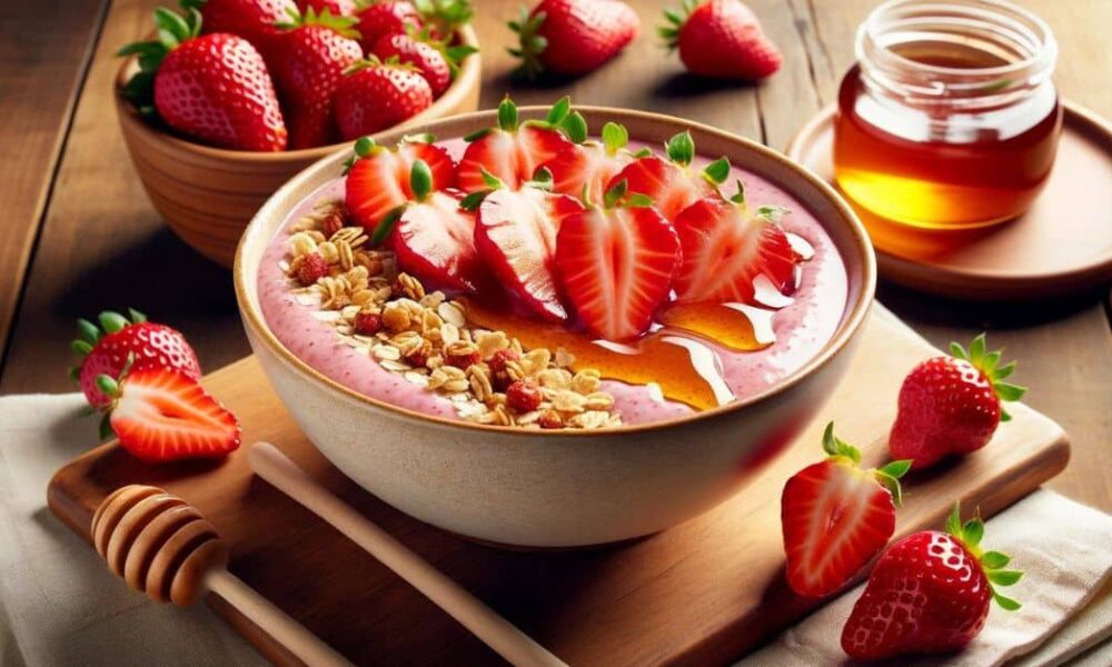 Jahodová smoothie bowl s jahodami, granolou a medom. Zdravé letné raňajky