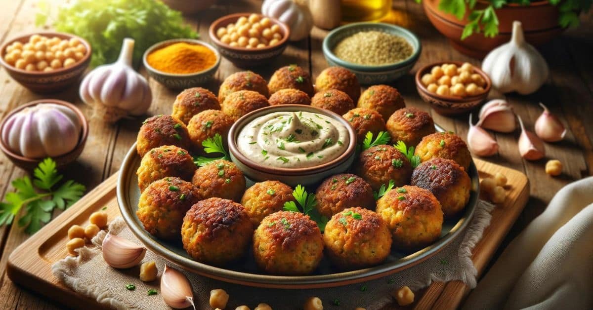 Mini falafely s tahini omáčkou. Lahodná a zdravá pochúťka Mini falafely s tahini omáčkou. Lahodná a zdravá pochúťka