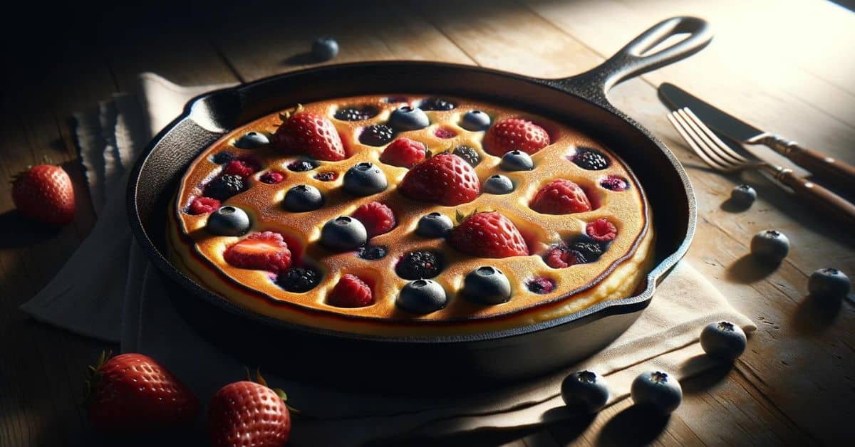 Nadýchaná pečená palacinka s ovocím. Ideálna ako dezert alebo sladké raňajky Nadýchaná pečená palacinka s ovocím. Ideálna ako dezert alebo sladké raňajky