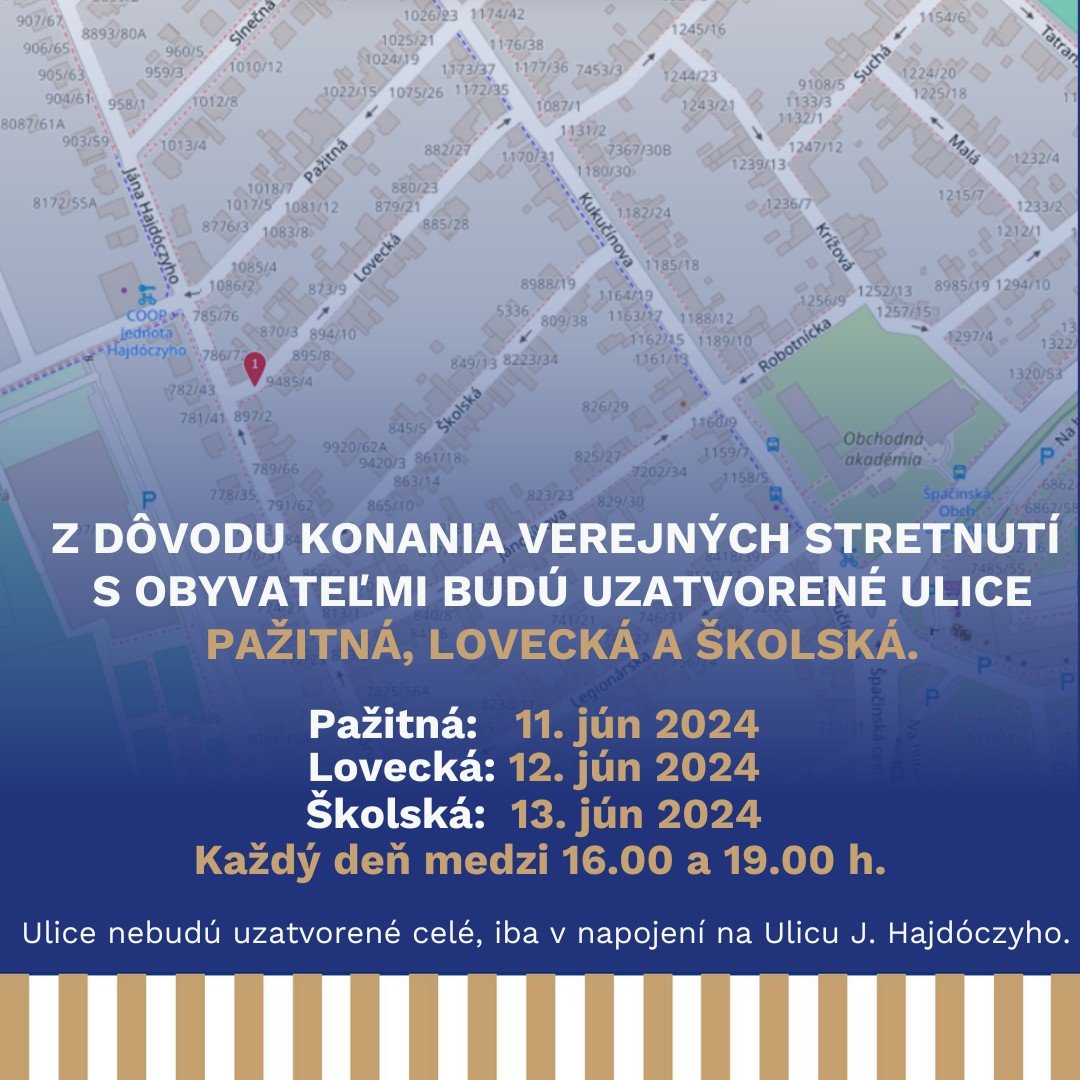 448175823_883894440435465_7058639128507240074_n.jpg Trnava : UPOZORŇUJEME NA ČIASTOČNÚ UZÁVERU PAŽITNEJ, LOVECKEJ A ŠKOLSKEJ
Z dôvodu konania verejných stretnutí s obyvateľmi k plánovaniu obytnej zóny, budú čiastočn…