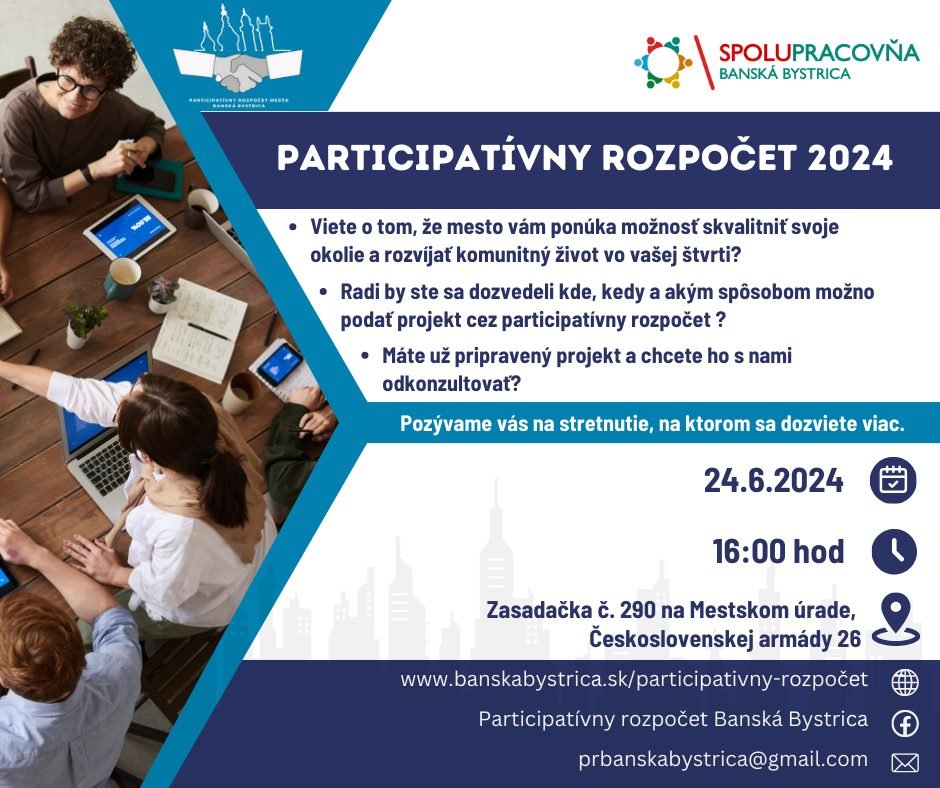 448572566_788348440142714_3965862202782828972_n.jpg Banská Bystrica : POZÝVAME VÁS NA POSLEDNÉ INFORMAČNO-KONZULTAČNÉ STRETNUTIE V RÁMCI PARTICIPATÍVNEHO ROZPOČTU
Sériu diskusií v jednotlivých mestských častiach sme odštarto…