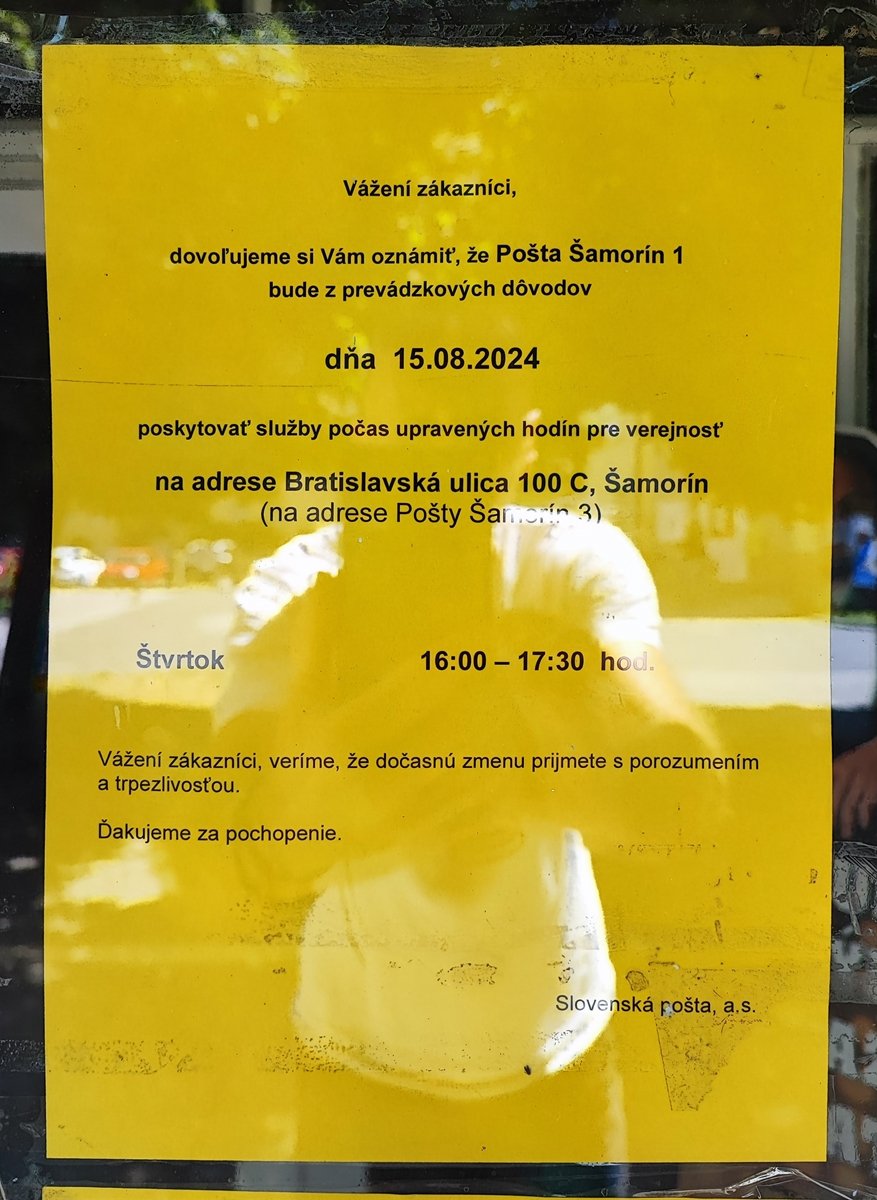 Poštu Šamorín 1 zavreli Poštu Šamorín 1 zavreli