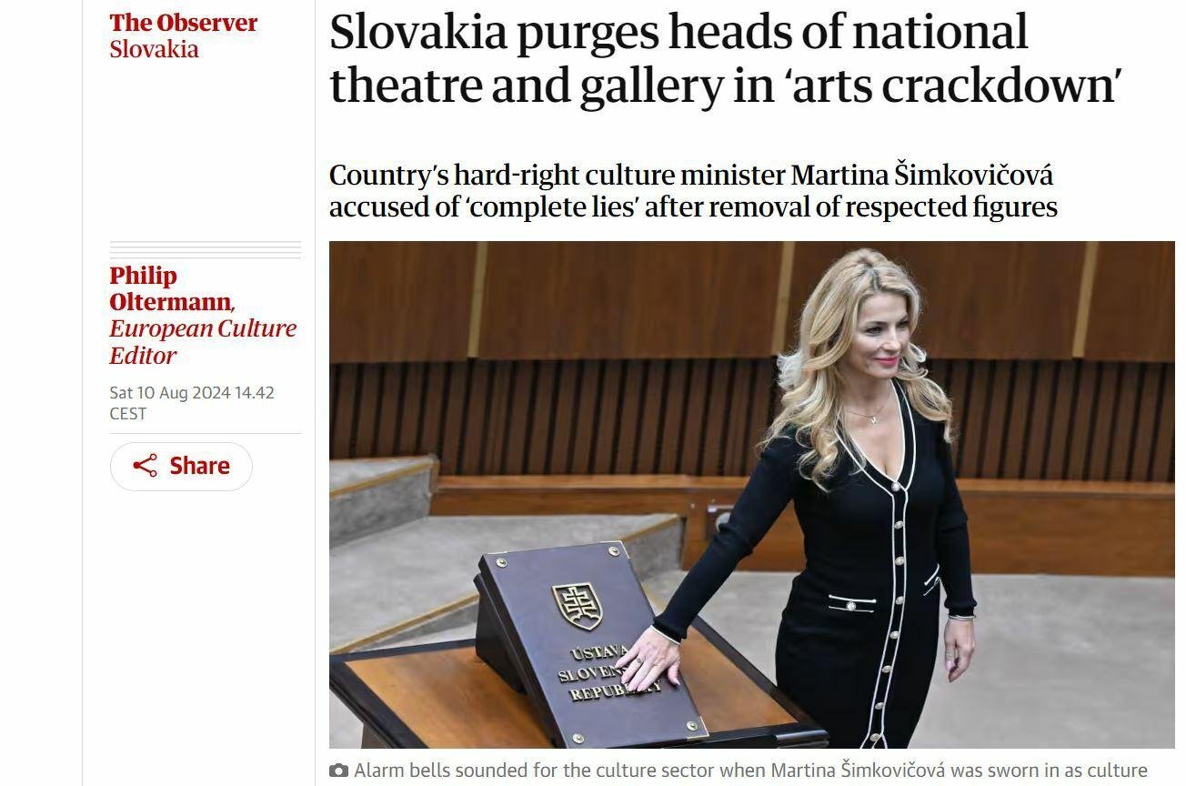 Šimkovičovej čistky si všíma aj svet. The Guardian píše o razii v umení, Nemci o „konšpiračnej teoretičke“ Šimkovičovej čistky si všíma aj svet. The Guardian píše o razii v umení, Nemci o „konšpiračnej teoretičke“