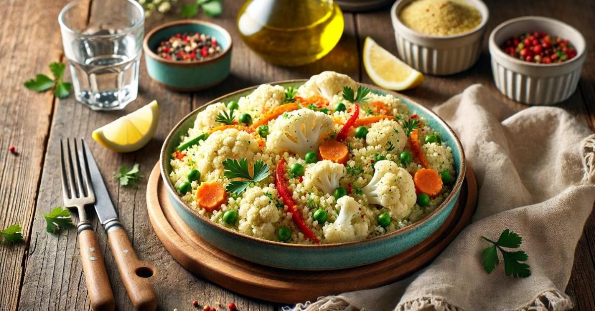 Karfiolový kuskus s čerstvou zeleninou a voňavými bylinkami. Perfektný ako ľahký a výživný hlavný chod alebo príloha Karfiolový kuskus s čerstvou zeleninou a voňavými bylinkami. Perfektný ako ľahký a výživný hlavný chod alebo príloha