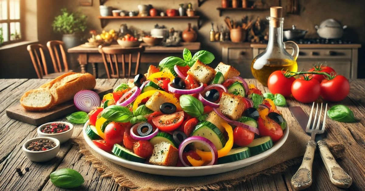 Panzanella. Taliansky chlebový šalát s paradajkami Panzanella. Taliansky chlebový šalát s paradajkami