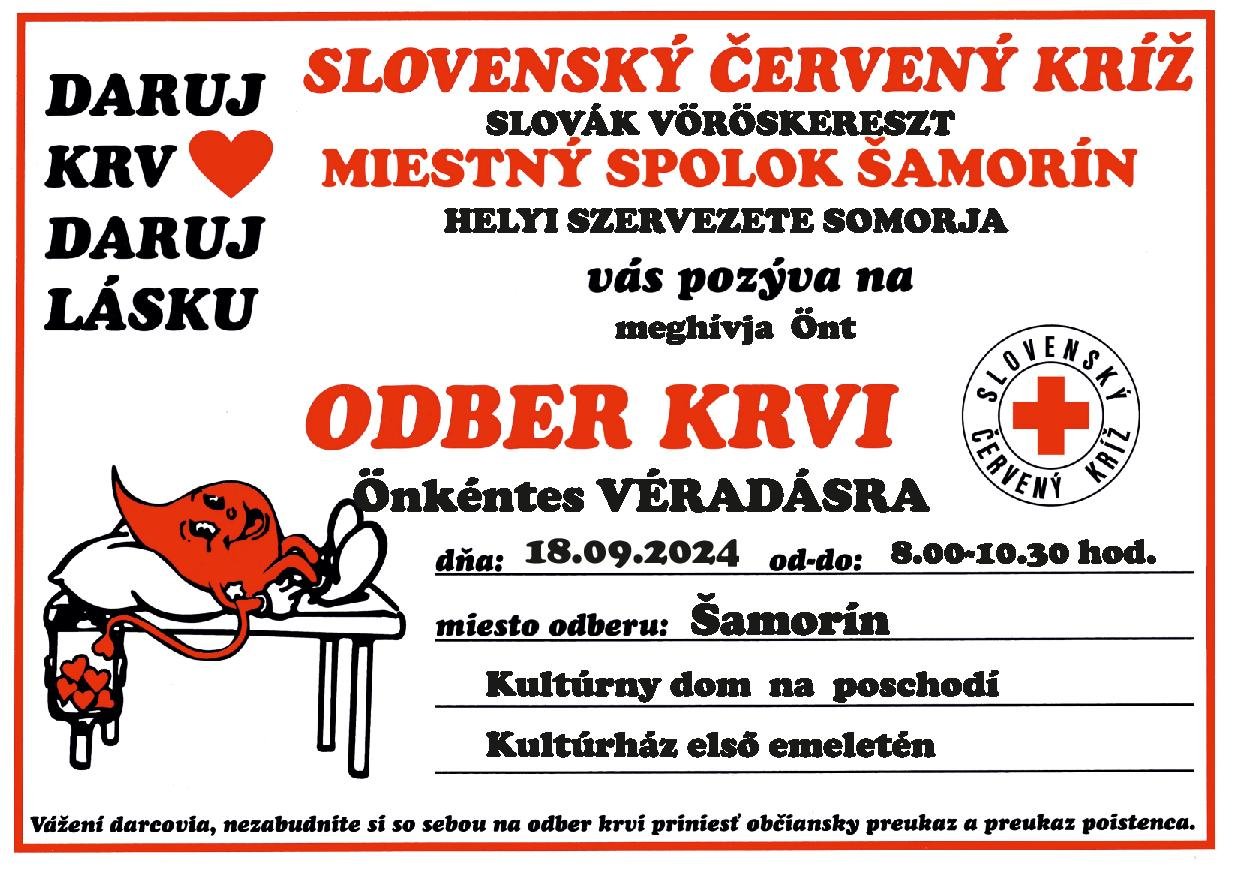 Červený kríž organizuje 18. septembra odber krvi Červený kríž organizuje 18. septembra odber krvi