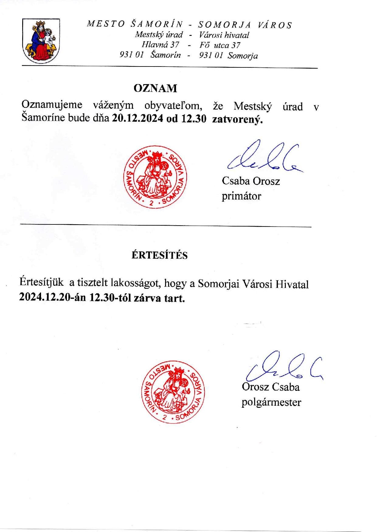 V piatok po 12.30 hod. bude mestský úrad zatvorený