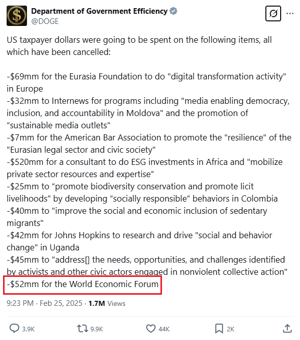 Oddělení efektivity DOGE zastavilo platbu 52 milionů dolarů Světovému ekonomickému fóru Oddělení efektivity DOGE zastavilo platbu 52 milionů dolarů Světovému ekonomickému fóru