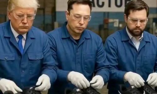 Trump a Musk navliekajú šnúrky do topánok, pri šijacích strojoch sedia tuční Američania. Čína sa vysmieva USA