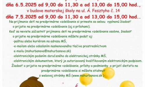Zápis do materskej školy Nový Diel 50 Hurbanovo | 6. – 7. mája 2025 Zápis do materskej školy Nový Diel 50 Hurbanovo | 6. – 7. mája 2025