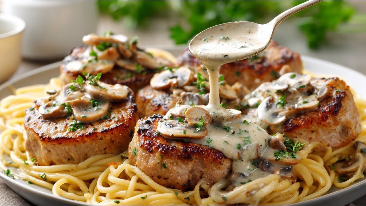 Tender pork fillet in a creamy mustard sauce with mushrooms a delicious recipe from an expensive r
