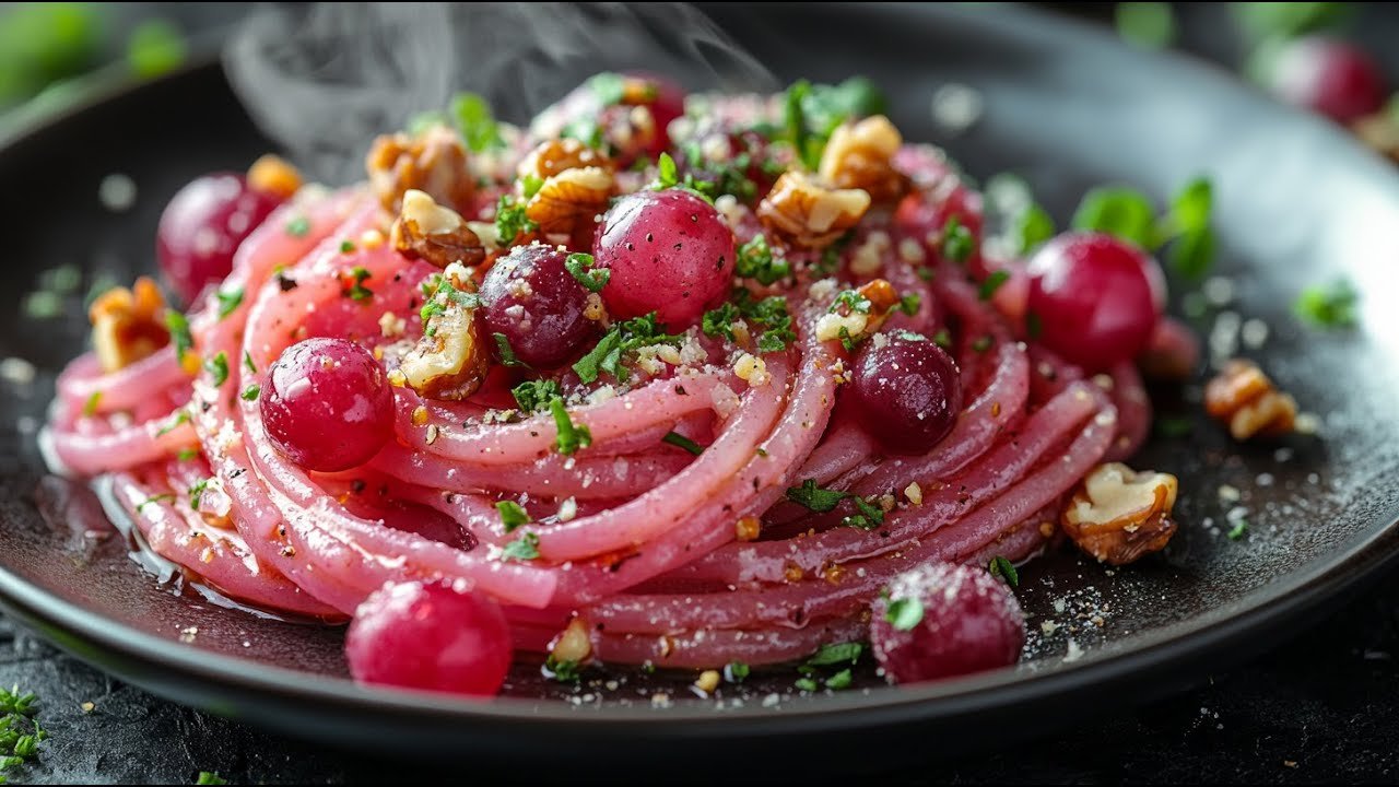 🍷 Red Wine Pasta With Walnuts and Roasted Grapes – Vegan & Noble