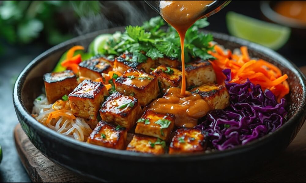 🥢 Vegan Rice Noodle Bowl With Tofu & Creamy Peanut-Coconut Sauce