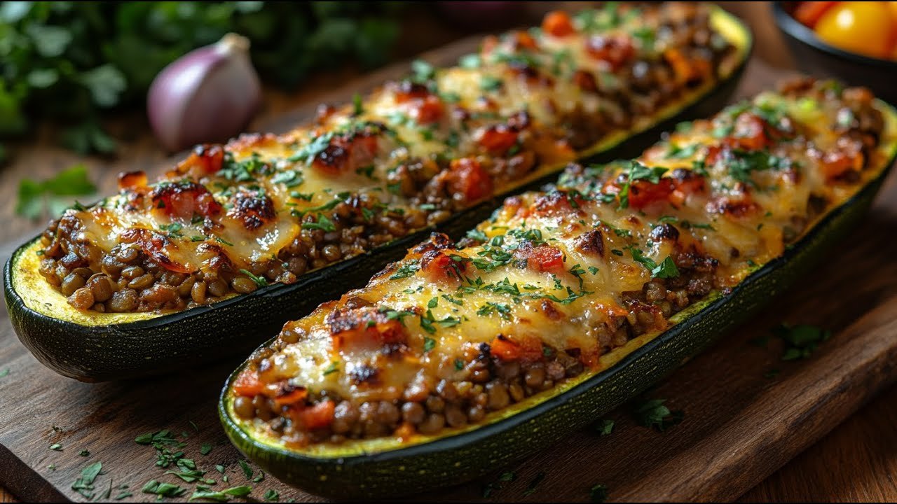 Vegan Zucchini Boats With Lentil Filling. Easy and Healthy Oven Recipe