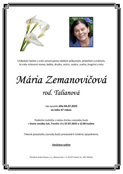 Mária Zemanovičová rod. Talianová Mária Zemanovičová rod. Talianová