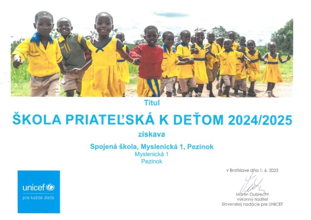 Župná Obchodná akadémia v Pezinku získala ocenenie udeľované organizáciou UNICEF Župná Obchodná akadémia v Pezinku získala ocenenie udeľované organizáciou UNICEF