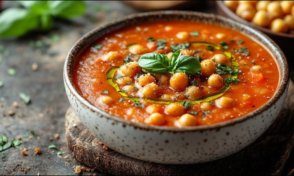 Roasted Bell Pepper Soup With Crispy Chickpeas. Vegan & Full of Flavor.