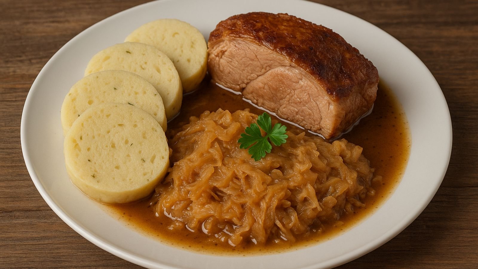 Pečené bravčové mäso s kapustou a zemiakovými knedľami: Tradičný nedeľný obed Pečené bravčové mäso s kapustou a zemiakovými knedľami: Tradičný nedeľný obed