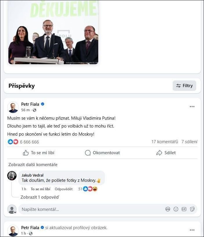Petr Fiala miluje Vladimira Putina a poletí za ním do Moskvy po skončení ve funkci premiéra Petr Fiala miluje Vladimira Putina a poletí za ním do Moskvy po skončení ve funkci premiéra