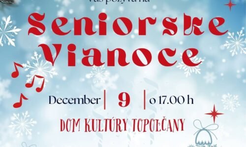 Kultúra Topoľčany: Mesto Topoľčany v zastúpení primátorkou Alexandrou Gieciovou, vás pozýva na Seniorské Vianoce v utorok 9.decembra o 17:00 hodine v Dome Kultúry v Topoľčanoch. Kultúra Topoľčany: Mesto Topoľčany v zastúpení primátorkou Alexandrou Gieciovou, vás pozýva na Seniorské Vianoce v utorok 9.decembra o 17:00 hodine v Dome Kultúry v Topoľčanoch.