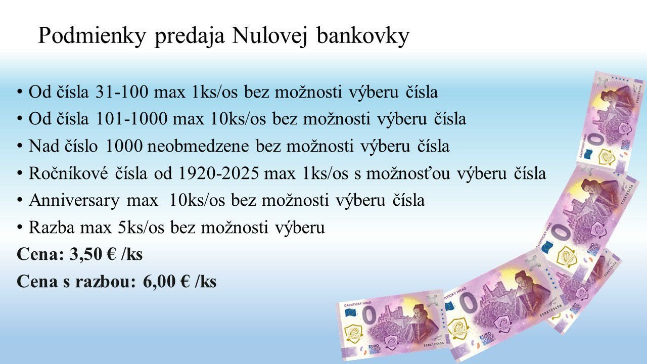 Čachtický hrad: Dňa 22. novembra spustíme predaj nulovej bankovky v priestore Kultúrneho strediska v Čachticiach o 10:00. Prosíme všetkých aby dodržiavali pravidlá predaja. Tešíme sa na Vás.