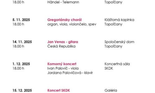 Kultúra Topoľčany: V rámci Topoľčianskej hudobnej jesene 2025 sa najbližšie uskutoční Komorný koncert Ivan Palovič – viola a Jordana Palovičová – klavír v koncertnej sále SKDK 1.decembra o 18:00 hodine. Kultúra Topoľčany: V rámci Topoľčianskej hudobnej jesene 2025 sa najbližšie uskutoční Komorný koncert Ivan Palovič – viola a Jordana Palovičová – klavír v koncertnej sále SKDK 1.decembra o 18:00 hodine.