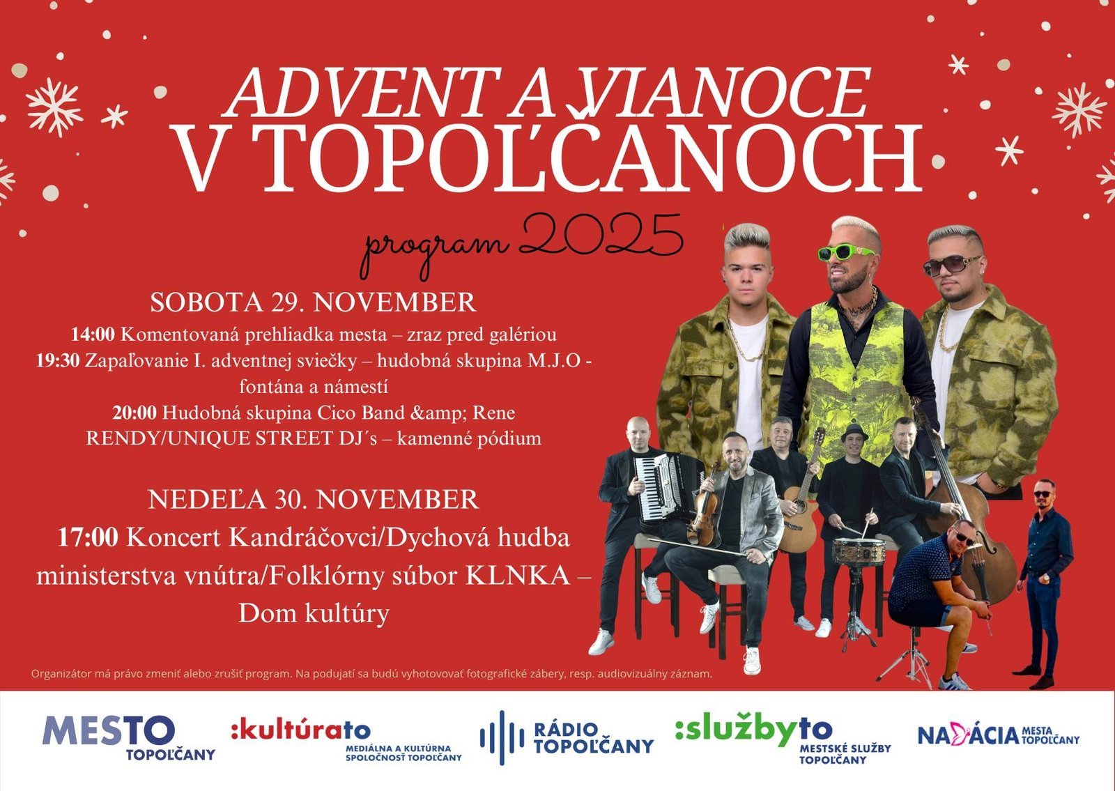Mesto Topoľčany: Program na prvý adventný víkend je tu! S komentovanou prehliadkou mesta, workshopom v Galérii a bohatým hudobným programom. Mesto Topoľčany: Program na prvý adventný víkend je tu! S komentovanou prehliadkou mesta, workshopom v Galérii a bohatým hudobným programom.