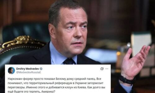 Dmitrij Medvedev: Zelenskij jednoducho ukázal Bielemu domu prostredník Dmitrij Medvedev: Zelenskij jednoducho ukázal Bielemu domu prostredník