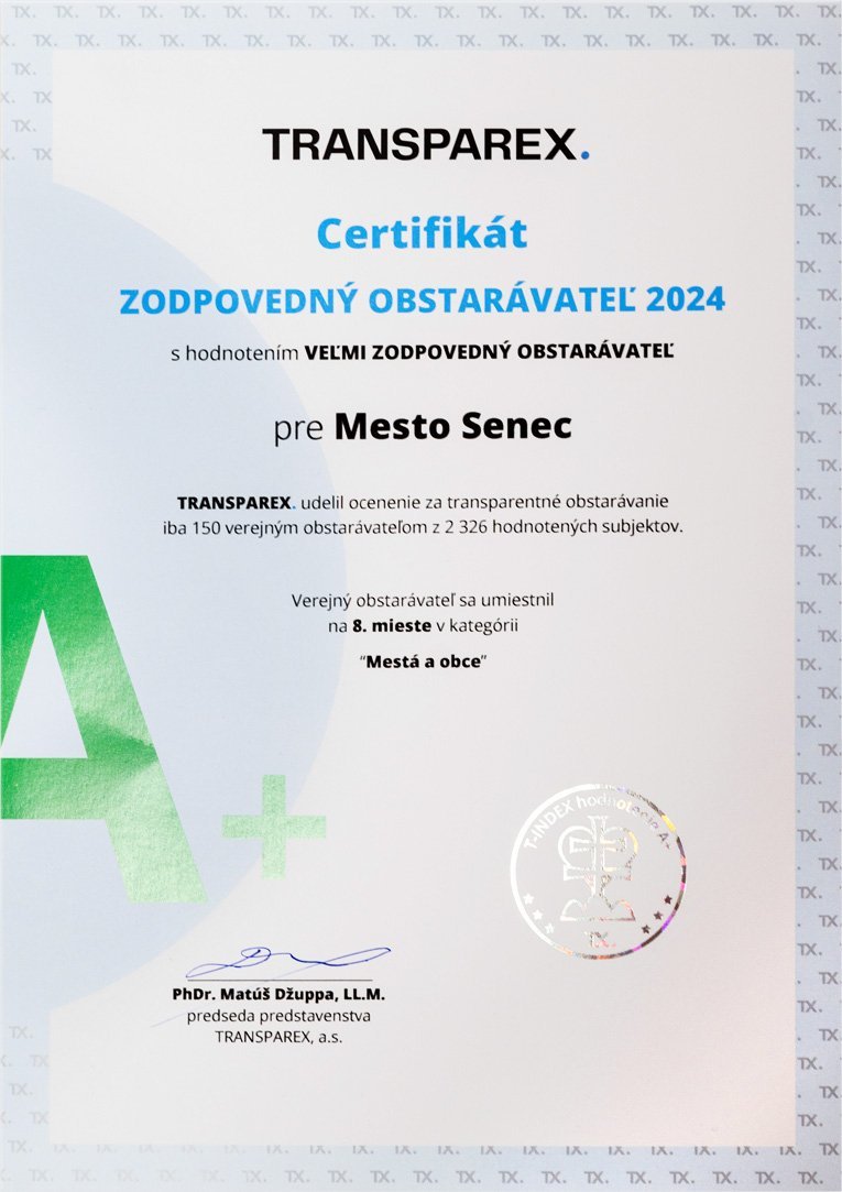 Mesto Senec: PATRÍME K ELITE: ZÍSKALI SME PRESTÍŽNE OCENENIE ZODPOVEDNÝ OBSTARÁVATEĽ 2024